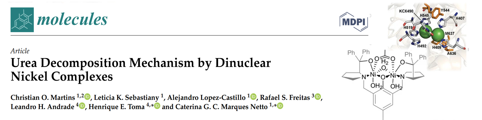 Urease is an enzyme containing a dinuclear nickel active center responsible for the hydrolysis of urea into carbon dioxide and ammonia. Interestingly, inorganic models of urease are unable to mimic its mechanism despite their similarities to the enzyme active site. The reason behind the discrepancy in urea decomposition mechanisms between inorganic models and urease is still unknown. To evaluate this factor, we synthesized two bis-nickel complexes, [Ni2L(OAc)] (1) and [Ni2L(Cl)(Et3N)2] (2), based on the Trost bis-Pro-Phenol ligand (L) and encompassing different ligand labilities with coordination geometries similar to the active site of jack bean urease. Both mimetic complexes produced ammonia from urea, (1) and (2), were ten- and four-fold slower than urease, respectively. The presence and importance of several reaction intermediates were evaluated both experimentally and theoretically, indicating the aquo intermediate as a key intermediate, coordinating urea in an outer-sphere manner. Both complexes produced isocyanate, revealing an activated water molecule acting as a base. In addition, the reaction with different substrates indicated the biomimetic complexes were able to hydrolyze isocyanate. Thus, our results indicate that the formation of an outer-sphere complex in the urease analogues might be the reason urease performs a different mechanism.  https://www.mdpi.com/1420-3049/28/4/1659